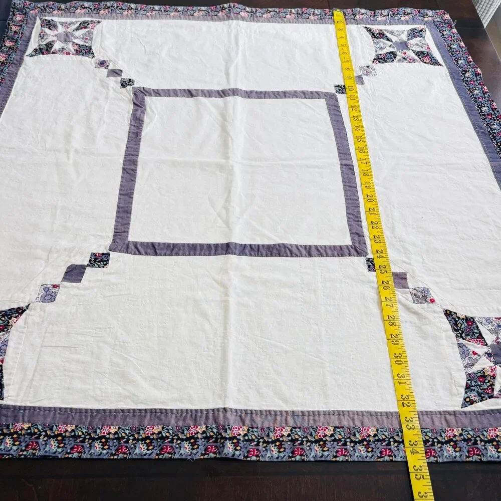 VTG Handmade Patchwork Star Quilt Table Topper Cream Lavender 34X34 Cottagecore